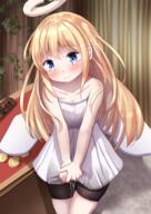 1_futanari 1_intersex angel bangs bare_shoulders blonde_hair blue_eyes blush broken_halo closed_mouth collarbone crimvael crimvael_(ishuzoku_reviewers) cum dress embarrassed eyebrows_visible_through_hair full-package_futanari futanari gelbooru genital_fluids hat high_resolution inside intersex ishuzoku_reviewers kikit leggings legwear long_hair mochiyuki own_hands_together pixiv_78994143 pixiv_827582 sankaku_channel shorts solo spats striped tears trap urination v_arms white_dress wings もちゆき＠cg集制作中!!!! 出ちゃったクリムくん 異種族レビュアーズ1000users入り 着衣内射精 // 1447x2047 // 2.4MB