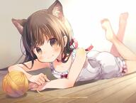 1_female 43_aspect_ratio animal_ear_fluff animal_ears bangs bare_arms bare_shoulders barefoot bloomers blurry blurry_background blush brown_eyes brown_hair camisole cat_ears closed_mouth collarbone commentary_request depth_of_field ears explicit eyebrows_behind_hair feet female kuga_tsukasa legs_up long_hair lying nekomimi on_floor on_stomach original red_ribbon ribbon safe sankaku_channel smile soles solo star star_print underwear white_bloomers white_camisole wooden_floor yarn yarn_ball // 1260x950 // 117.5KB