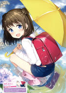 backpack bag blue_eyes blush boots brown_hair double_bun female footwear happy high_resolution hoodie legwear masuishi_kinoto rain_boots randoseru safe scan shoes short_hair shorts solo umbrella very_high_resolution water // 2381x3382 // 4.5MB