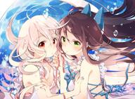 10s 2girls art black_hair bubble chiya chiya_(urara_meirochou) female frills green_eyes hair_ribbon harikamo high_resolution highres long_hair mature multiple_females multiple_girls nail_polish official_art red_eyes ribbon safe tatsumi_kon urara_meirocho urara_meirochou white_hair // 2870x2103 // 420.2KB