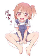 1_female 3 bangs barefoot between_legs blush brown_hair d eyebrows_visible_through_hair fangs feet female hair_between_eyes hand_between_legs himesaka_noa hoshino_hinata jigatei_(omijin) looking_at_viewer one_side_up open_mouth overall_shorts overalls point_of_view red_eyes safe sankaku_channel shirt short_sleeves simple_background sitting smile solo translation_request watashi_ni_tenshi_ga_maiorita! white_background white_shirt yamachima じがてさん わたてん わたてんまとめ 小之森夏音 星野みやこ 白咲花 種村小依 // 799x999 // 347.7KB