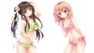 2_girls ahoge alternate_costume arm_behind_back bare_belly bare_shoulders bikini blush bow breasts brown_hair flower_(flowers) frilled_bikini fringe girl gochuumon_wa_usagi_desu_ka green_eyes hair_between_eyes hair_flower hair_ornament hairclip hand_on_head highres hoto_cocoa large_breasts leaning leaning_forward light_erotic long_hair looking_at_viewer multiple_girls navel nogi_takayoshi o open_mouth orange_hair polka_dot polka_dot_bikini purple_eyes ribbon_(ribbons) short_hair side-tie_bikini side_ponytail simple_background smile standing swimsuit twintails ujimatsu_chiya white_background wide_image // 1920x1080 // 1.3MB