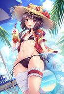 1girl akizora_momiji bandage bandages bangs beach bikini blue_sky blush breasts brown_eyes brown_hair chair choker collarbone commentary_request cup danbooru hat headwear high_resolution holding holding_cup hood hood_down hooded_jacket innertube jacket jewelry kono_subarashii_sekai_ni_shukufuku_wo! leg_strap lolibooru.moe looking_at_viewer megumin navel necklace ocean one_eye_closed open_mouth outside point_of_view red_jacket safebooru sankaku_channel scrunchie side-tie_bikini sidelocks simple_background small_breasts smile solo standing straw_hat swimsuit table thigh_strap umbrella wrist_scrunchie young // 1584x2316 // 559.3KB