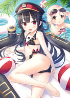 2girls absurd_resolution adjusting_clothes adjusting_goggles adjusting_swimsuit ass ball barefoot beachball bikini bikini_skirt black_bikini black_hair cura d eyebrows_visible_through_hair female general goggles goggles_on_head hachiroku_(maitetsu) hair_ornament hair_rings hairpin hat headwear high_resolution inflatable_raft innertube jewelry long_hair looking_at_viewer lying maitetsu multiple_females necklace o on_side open_mouth orange_eyes partially_submerged peaked_cap pink_hair point_of_view red_eyes reina_(maitetsu) safe short_hair smile swimsuit water // 3153x4417 // 2.2MB