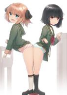 2girls absurd_resolution ass ass_to_ass atfbooru.ninja bangs bewitching_thighs black_hair black_legwear black_ribbon blunt_bangs blush brown_hair clothes_lift contentious_content danbooru explicit eyebrows eyebrows_visible_through_hair female female_focus female_only footwear full_body fur fur-trimmed fur-trimmed_sleeves fur_trim green_jacket green_sailor_collar green_skirt hachijou_(kancolle) hachijou_(kantai_collection) hair_ornament hair_ribbon heels high_resolution ishigaki_(kancolle) ishigaki_(kantai_collection) jacket kantai_collection leaning leaning_forward legwear loli lolibooru.moe lolicon long_sleeves multiple_females open_mouth panties pixiv_1372732 pixiv_77076618 pleated_skirt questionable red_neckwear ribbon sailor_collar sankaku_channel school_uniform seifuku short_hair skirt skirt_lift smile socks standing striped striped_panties terawamu underage underwear uniform very_high_resolution wamu_(chartreuse) white_legwear yande.re young 「どっちが足長い？」 「提督、どっちが足長い？」 わむ わむ＠1日目南カｰ39b ガチロリポップ リトル山城 提督love 石垣(艦隊これくしょん) // 2894x4093 // 4.0MB