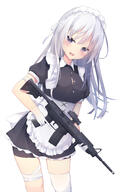 absurd_resolution apron assault_rifle bandage bandaged_arm bandaged_leg bandages bangs black_dress blush breasts clip_studio_paint commentary commentary_request dress eyebrows_visible_through_hair female firearm frilled_apron frills gloves hair_between_eyes high_resolution holding holding_gun holding_object holding_weapon leaning_to_the_side legwear long_hair looking_at_viewer m4_carbine maid maid_headdress maid_uniform medium_breasts open_mouth original original_character pixiv_24470135 pixiv_74812057 point_of_view puffy_short_sleeves puffy_sleeves purple_eyes rifle scope sharp_teeth short_sleeves shorts silver_hair simple_background single_thigh-high smile solo spats spats_under_clothes teeth trigger_discipline tsuruse uniform user_dngg7877 very_long_hair waist_apron weapon weapon_request white_apron white_background white_gloves white_legwear つるせ ガンドッグ 戦いたいメイドさん // 2039x2894 // 1.7MB