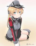 aqua_eyes black_legwear black_skirt blonde_hair blush breasts eyebrows_visible_through_hair gloves hair_between_eyes hat kantai_collection long_hair long_sleeves low_twintails medium_breasts military military_uniform peaked_cap pleated_skirt prinz_eugen_(kantai_collection) sitting sitting_sideways skirt smile solo tied_hair twintails uniform white_gloves // 799x1006 // 45.5KB