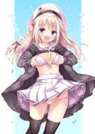 1_female 1girl 2d_art animal_print bangs beret black_legwear blonde_hair blue_eyes blush bow bra braid breast_hold breasts cardigan cat_print check_translation clothes_lift commentary_request d eyebrows_visible_through_hair female groin hair_bow hair_ribbon hat headwear heart kneesocks legwear long_hair long_sleeves looking_at_viewer mature medium_breasts navel neckerchief nipples open_clothes open_mouth original original_character panties pixiv_6751 pixiv_69206638 pleated_skirt point_of_view polka_dot polka_dot_bra polka_dot_panties questionable ribbon ryo ryo@わんわん ryo_(botugo) ryo_bbb safe safebooru school_uniform schoolgirl_uniform serafuku shirt shirt_lift skirt smile solo standing thigh-highs thighhighs top_lift translated translation_request two-tone_background underwear uniform white_hat white_headwear white_skirt wind wind_lift yellow_neckwear оригинальный_персонаж しゅきぃ…… そのままの君でいて ぶらじゃーつけれた（歓喜） // 800x1132 // 510.6KB