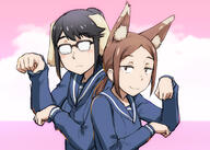 2girls 3 animal_ear_fluff animal_ears black_hair blush_stickers brown_eyes brown_hair day dog_ears fox_ears glasses highres houkago_teibou_nisshi kemonomimi_mode kuroiwa_yuuki multiple_girls oono_makoto opaque_glasses outdoors ponytail pose school_uniform serafuku sky smile twintails ueyama_michirou // 2100x1500 // 576.5KB