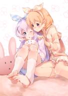 2girls ;o angora_rabbit animal bangs barefoot bloomers blue_bow blue_eyes blush bow bunny casino_(artist) casino_(casinoep) closed_mouth danbooru eyebrows_visible_through_hair feet feet_together female gochiusa gochuumon_wa_usagi_desu_ka? hair_ornament hairclip hands_on_another's_shoulders high_resolution hood hoodie hoto_cocoa kafuu_chino lagomorph leg_warmers light_blue_hair long_hair long_sleeves looking_at_another loungewear mammal mature multiple_females one_eye_closed open_mouth orange_hair pink_eyes questionable rabbit safe safebooru short_hair sitting skirt smile soles striped_hoodie tippy_(gochiusa) toe_scrunch toes x_hair_ornament yande.re // 1302x1842 // 1.7MB