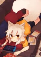 animal_ear_fluff animal_ears animal_tail blush chip_bag couch fangs female fox_ears fox_girl fox_tail legwear lying manga_(object) nintendo_switch off-shoulder on_stomach orange_eyes original pillow rimukoro skin_fang soda_bottle spats tail white_hair // 643x900 // 452.5KB