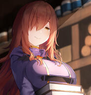 1_female blush book book_stack bookshelf breast_rest breasts brown_eyes brown_hair closed_mouth eyebrows_visible_through_hair female hair_over_one_eye high_resolution holding holding_book holding_object inside kono_subarashii_sekai_ni_shukufuku_wo! konosuba large_breasts long_hair looking_at_viewer meth_(emethmeth) point_of_view safe sidelocks smile solo upper_body wiz_(konosuba) // 1670x1742 // 1.6MB