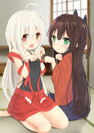 2girls ahoge bangs bare_shoulders black_camisole blush brown_eyes brown_hair brown_kimono camisole chiya chiya_(urara_meirochou) commentary_request d explicit eyebrows_visible_through_hair fang fangs female green_eyes hair_between_eyes hakama hands_up indoors inside japanese_clothes kimono long_hair long_sleeves looking_at_viewer looking_back maru_shion mature multiple_females multiple_girls open_mouth parted_lips point_of_view purple_hakama red_skirt revision safe seiza short_kimono silver_hair sitting skirt smile tatsumi_kon urara_meirocho urara_meirochou very_long_hair wide_sleeves // 827x1170 // 742.9KB