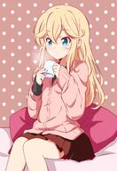 1_female aqua_eyes blonde_hair cardigan cup female high_resolution holding holding_cup holding_mug holding_object long_hair long_sleeves looking_afar mature mug original pillow polka_dot polka_dot_background safe sitting skirt steam suemizu_yuzuki // 1504x2186 // 426.7KB