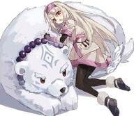 1_female ainu_clothes bead_necklace beads bear black_legwear commentary d explicit fate fategrand_order female fingerless_gloves full_body gloves grey_hair hair_tubes headband high_resolution illyasviel_von_einzbern jewelry legwear long_hair lying_on_another mammal namiharuru necklace open_mouth pantyhose polar_bear red_eyes safe simple_background sitonai smile ursine very_long_hair white_background // 2048x1784 // 346.8KB