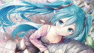 1_female aqua_eyes aqua_hair arm_hug black_legwear blush casual collarbone daidou_(demitasse) dress female foreshortening from_above hair_ribbon hatsune_miku high_resolution legwear long_hair long_sleeves looking_up mature nail_polish perspective petals point_of_view ribbon safe shinkansen_henkei_robo_shinkalion shirt smile solo solo_focus standing thigh-highs tied_hair twintails very_long_hair vocaloid // 1920x1080 // 1.3MB