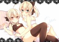 2girls ahoge artist_name artoria_pendragon_(all) back-print_panties bangs bed_sheet bell black_legwear black_ribbon blonde_hair blush braid breasts cat_cutout cat_keyhole_bra cat_lingerie chihio chihiro_(khorosho) cleavage cleavage_cutout eyebrows_visible_through_hair fate fategrand_order fatestay_night fateunlimited_codes fate_(series) fate_grand_order fate_stay_night fate_unlimited_codes female french_braid green_eyes hair_between_eyes hair_ribbon jingle_bell legwear lingerie looking_at_viewer male matching_outfit mature medium_breasts meme_attire multiple_females multiple_girls panties parted_lips paw_print pillow point_of_view print_panties questionable ribbon saber saber_alter saber_lily side-tie_panties signature simple_background thigh-highs thighhighs underwear underwear_only white_background white_legwear yellow_eyes yuri // 1500x1061 // 245.9KB