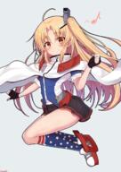 1_female ahoge american_flag_legwear azur_lane bangs black_gloves black_skirt blonde_hair blush capelet cleveland_(azur_lane) eyebrows_visible_through_hair female fingerless_gloves full_body gloves grey_background hair_bangs hair_ornament high_resolution knee_highs long_hair musical_note one_side_up pleated_skirt red_eyes safe sazamiso_rx short_sleeves simple_background skirt smile solo white_capelet // 1158x1637 // 1.0MB