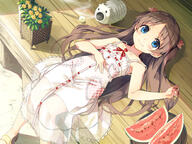 1_female 43_aspect_ratio art ayakashi_kyoushuutan bangs blue_eyes blush brown_hair creator cura danbooru dress eyebrows_visible_through_hair female flat_chest flower food footwear fruit heart_pendant high_resolution kayari_buta long_hair looking_at_viewer lying mimikaki monobeno official_art on_back parted_bangs point_of_view porch safe sandals sawai_natsuha see-through smile solo summer very_long_hair watermelon white_dress // 2000x1501 // 784.2KB