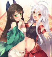 2_females 2girls absurd_resolution absurdres ahoge asymmetrical_docking bangs bare_shoulders belly_to_belly black_ribbon bloomers blush breast-to-breast breast_press breasts brown_hair chiya chiya_(urara_meirochou) collarbone commentary_request d eyebrows_visible_through_hair female green_eyes green_kimono hair_between_eyes hair_ornament hair_ribbon half_updo hands_up high_resolution highres japanese_clothes kimono kokka_han long_hair long_sleeves looking_at_viewer mature medium_breasts multiple_females multiple_girls navel off-shoulder off_shoulder open_clothes open_kimono open_mouth outstretched_arm point_of_view red_eyes ribbon safe shiny shiny_skin shirt sidelocks silver_hair sleeveless smile stomach tank_top tareme tareme_eyes tatsumi_kon tearing_up tears tied_hair tied_shirt underwear upper_body urara_meirocho urara_meirochou very_high_resolution very_long_hair wavy_mouth yuri // 2200x2400 // 534.9KB