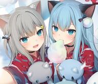 2girls amashiro_natsuki animal_ear_fluff animal_ears bangs black_choker blue_eyes blue_hair blush cat_ears cat_hair_ornament choker clavicle collarbone commentary cotton_candy d ears eating explicit eyebrows_behind_hair fang fangs female food grey_hair hair_between_eyes hair_ornament hairclip high_resolution holding holding_food holding_object japanese_clothes kimono long_hair long_sleeves looking_at_viewer markings multiple_females multiple_girls nacho_(amashiro_natsuki) nekoha_shizuku nekomimi object_hug one_side_up open_mouth original paw_print point_of_view print_kimono reaching_out red_kimono romaji_commentary safe sankaku_channel self-shot self_shot smile stuffed_animal stuffed_cat stuffed_toy upper_body wafuku whisker_markings wide_sleeves // 1500x1280 // 237.2KB