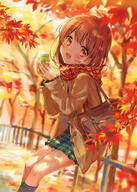 1_female autumn autumn_leaves bag blush brown_eyes brown_hair can explicit female jacket long_hair open_mouth original plaid plaid_skirt pleated_skirt safe sakuro scarf school_bag skirt smile solo tree // 648x906 // 700.0KB