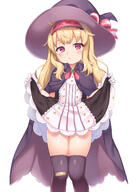 1_female 1girl bandaid bandaid_on_clothes bandaid_on_knee black_cloak black_dress black_headwear black_legwear blonde_hair cloak clothes_lift commentary_request dress dress_lift gloves hairband hat hat_ribbon high_resolution highres lifted_by_self little_witch_nobeta lolibooru.moe long_hair maki_(natoriumu) nobeta red_eyes ribbon safe short_dress simple_background solo striped striped_dress thighhighs thighs two-tone_dress vertical-striped_dress vertical_stripes white_background white_dress white_gloves witch_hat // 1050x1447 // 738.7KB