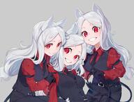 3_girls 3girls animal_ears arm_garter arm_grab black_gloves black_legwear black_neckwear black_pants black_suit black_tail black_vest breasts canine cerberus_(helltaker) collared_shirt d demon demon_girl demon_tail dog dog_ears dog_girl ears fangs female formal general girl gloves grey_background grin head_tilt helltaker high_resolution legwear long_hair looking_at_viewer mammal matching_outfit medium_breasts multiple_females multiple_girls necktie neckwear negi_manjuu open_mouth pants point_of_view red_eyes red_shirt safe shirt siblings silver_hair simple_background sisters smile suit tail teeth triplets upper_body very_long_hair vest waistcoat white_hair // 1700x1300 // 259.2KB