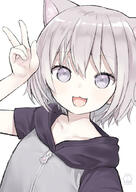 1_female 1girl 3 animal_ear_fluff animal_ears arm_up bangs capriccio clavicle collarbone commentary_request d dated ears eyebrows_visible_through_hair female grey_eyes grey_hair hair_between_eyes hood hood_down hooded_jacket jacket kapu_rinko looking_at_viewer one_arm_up open_mouth original safe short_sleeves signature simple_background smile solo upper_body w white_background white_jacket // 708x1000 // 142.6KB