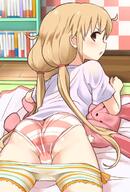 10s 1girl ass bed blonde_hair blush blushing_cheeks brown_eyes futaba_anzu hair_tie idolmaster_cinderella_girls joy legwear loli lolibooru long_hair looking_back lying mirakichi nijie.info on_bed on_stomach osiri panties pixiv.net pixiv_209773 pixiv_41549934 shorts_pull solo spats striped tagme tied_hair twintails みらきち やすみみらきち やすみみらきち3日目南ヘ31a やすみみらきち@月南キ01a マッサージして 合意と見てよろしいですね? // 500x740 // 318.7KB