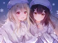 2girls 43_aspect_ratio 4_3_aspect_ratio bangs black_hair blonde blonde_hair blush brown_hair cape capelet closed_mouth commentary d eyebrows_visible_through_hair fate fatekaleid fatekaleid_liner_prisma_illya fate_(series) fate_kaleid_liner_prisma_illya female frilled_sleeves frills fur fur-trimmed fur-trimmed_capelet fur_hat fur_trim gradient gradient_background hair_ornament hairclip hand_on_chest hand_on_own_chest hat headwear illyasviel_von_einzbern konachan lens_flare lolibooru.moe long_hair long_sleeves looking_at_viewer miyu_edelfelt multiple_females multiple_girls nasii open_mouth partial partial_commentary point_of_view pom_pom_(clothes) red_eyes revision ribbon safe sankaku_channel simple_background smile snow snowflakes upper_body white_capelet white_headwear white_ribbon yellow_eyes // 1275x957 // 1.8MB