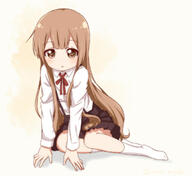 1_female brown_eyes brown_hair female full_body long_hair looking_at_viewer oomuro_hanako parted_lips point_of_view ren_kon sitting sitting_sideways skirt socks solo very_long_hair white_legwear yuru_yuri // 691x633 // 137.6KB