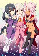 3girls ;d ascot bangs bare_shoulders black_footwear black_hair blush boots breastplate breasts cape chloe_von_einzbern closed_mouth commentary_request crossed_legs d danbooru dark_skin detached_sleeves fate fate_(series) fate_kaleid_liner_prisma_illya feathers female footwear general girl_sandwich hair_between_eyes hair_feathers hair_ornament hair_pin hair_tie hairclip hairpin half_updo hand_holding holding_hands illyasviel_von_einzbern interlocked_fingers jewelry leotard long_hair long_sleeves looking_at_viewer magical_girl miyu_edelfelt multiple_females multiple_girls navel one_eye_closed open_mouth orange_eyes outstretched_arm pink_footwear pink_hair point_of_view prisma_illya purple_legwear purple_leotard red_eyes sandwiched sankaku_channel sasorigatame shiny shiny_hair sidelocks small_breasts smile stomach_tattoo tattoo thigh_boots thighhighs tied_hair white_footwear white_hair x_hair_ornament yellow_eyes yellow_neckwear // 600x844 // 131.6KB