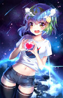 1_female 1girl anthropomorphization art artist_name backlighting bangs black_legwear black_shorts blue_hair blush clothes_writing cloud cowboy_shot crescent crescent_hair_ornament denim denim_shorts earth earth-chan earth_hair earthchan eyebrows_visible_through_hair female female_only gelbooru green_eyes green_hair hair_ornament happy heart heart_hands heart_in_eye high_resolution legwear lens_flare light-skinned light-skinned_female loli midriff moon multicolored_hair nasa nasa_logo navel orange_eyes original print_shirt safe shiny shiny_hair shirt shooting_star short_hair short_shorts short_sleeves shorts sky solo space squ-chan squchan standing star_(sky) starry_sky stars stomach sun_hair_ornament symbol_in_eye tareme tareme_eyes text_on_clothes thigh_gap thighhighs thighs two-tone_hair two_tone_hair watermark web_address white_shirt wide_hips 手でハート // 809x1250 // 878.5KB