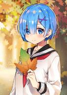 1_female _zero _zero_kara_hajimeru_isekai_seikatsu autumn autumn_leaves ayamy bangs blue_eyes blush ears eyebrows_visible_through_hair female hair_between_eyes hairband heart leaf long_sleeves looking_at_viewer neck point_of_view rem rem_(zero) safe sailor_collar sailor_uniform sankaku_channel school_uniform schoolgirl_uniform serafuku shirt short_hair sleeves_past_elbows smile solo uniform zero_kara_hajimeru_isekai_seikatsu // 800x1131 // 153.1KB