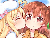2girls ahoge asymmetrical_hair bangs blonde_hair blush bow brown_hair casual cheek_kiss child closed_eyes collared_shirt eyebrows eyebrows_visible_through_hair female general hand_on_another's_shoulder hat hat_bow heart_ahoge himesaka_noa hoshino_hinata kiss long_hair medium_hair multiple_females multiple_girls o orange_shirt pink_bow ponytail portrait questionable red_eyes safe sankaku_channel shirt side_ponytail signature thick_eyebrows tied_hair usagi_koushaku watashi_ni_tenshi_ga_maiorita! white_headwear white_shirt young yuri // 1360x1041 // 1.0MB