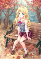 1_female autumn autumn_leaves bangs bare_shoulders bench blonde_hair blouse blue_eyes blush breasts brown_footwear collarbone explicit eyelashes female fence footwear frilled_shirt frills grey_shirt high_resolution hinoki_yuu jewelry knee_highs lake loafers long_hair looking_at_viewer low-tied_long_hair medium_breasts necklace off-shoulder original outside plaid plaid_skirt point_of_view red_ribbon red_skirt ribbon safe shirt shoes sidelocks sitting skirt sleeves_rolled_up smile socks solo tree water white_legwear // 1528x2161 // 2.8MB