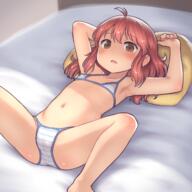 1_female 20201011_01 2d_art aaaa aaaa_(quad-a) ahoge arms_up bangs bed bed_sheet bikini blush brown_eyes brown_hair commentary_request explicit eyebrows_visible_through_hair feet_out_of_frame female flat_chest hair_between_eyes high_resolution legs loli lolibooru.moe long_hair looking_at_viewer lying navel on_back on_bed original parted_lips pillow pixiv_84933182 questionable red_hair short_hair solo spread_legs spreading striped striped_bikini swimsuit // 1280x1280 // 2.0MB