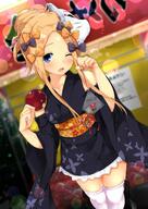 1_female abigail_williams_(fategrand_order) alternate_costume alternate_hairstyle bag bagged_fish bare_shoulders blonde_hair blush bow collarbone commentary_request d danbooru detached_sleeves fan fate fategrand_order female fish floral_print forehead hair_bow hair_bun high_resolution japanese_clothes key kimono looking_at_viewer mask obi one_eye_closed open_mouth orange_bow point_of_view polka_dot polka_dot_bow purple_bow safe sash short_kimono sidelocks sleeveless sleeveless_kimono smile solo thighhighs tries white_legwear wide_sleeves // 1244x1762 // 307.1KB