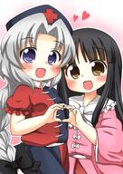 2girls bangs black_hair blue_dress blue_eyes blush bow braid chibi collar commentary_request cowboy_shot dress explicit female fingers_together frilled_collar frilled_shirt_collar frills hair_bow happy hat heart high_resolution highres hime_cut houraisan_kaguya long_hair long_skirt maroon_skirt multiple_females multiple_girls nurse_cap open_mouth pink_background pink_shirt red_dress shirt short_sleeves silver_hair single_braid skirt smile touhou usagi_koushaku very_long_hair yagokoro_eirin yellow_eyes // 1200x1696 // 380.1KB
