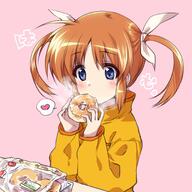 11_aspect_ratio 1_female blue_eyes breath brown_hair doughnut eating eyebrows_visible_through_hair female food hair_ornament hair_ribbon heart heart_symbol high_resolution holding holding_food holding_object kuroi_mimei long_sleeves lyrical_nanoha mahou_shoujo_lyrical_nanoha orange_shirt pink_background ribbon safe sankaku_channel shirt short_hair solo speech_bubble spoken_heart takamachi_nanoha tied_hair twintails white_ribbon // 2048x2048 // 367.9KB