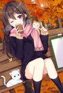 1848926074 1_female animal animal_on_shoulder arthropod autumn autumn_leaves bench black_cat black_legwear black_skirt brown_hair bug butterfly cat clipboard coffee_cup cup disposable_cup english english_text enpera explicit feline female ge_ji_ge_ji_er gejigejier hair_ornament hairpin hot_chocolate insect jacket jewelry legwear long_hair looking_at_viewer mammal one_eye_closed original pink_neckwear pink_scarf point_of_view purple_eyes safe sankaku_channel scarf sitting skirt text uniform white_cat えんぺら マフラー 山桂贰 秋 紅葉 萌え袖 言西 // 744x1098 // 283.1KB