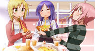 3_females ahoge bangs bedroom blonde_hair blush cake cheese_trail closed_eyes cup drink drinking_glass eating female food hinata_yukari hood hoodie ichii_yui inside long_sleeves low_twintails multiple_females nonohara_yuzuko parted_bangs pink_hair pixiv_78479791 pizza purple_hair red_eyes red_sweater safe short_hair sweater table taka_(takahirokun) takahirokun tied_hair turtleneck_sweater twintails yellow_eyes yuyushiki チーズうにょ～ん // 1493x810 // 1.1MB