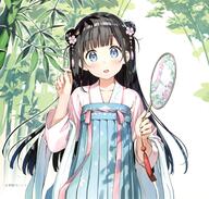 absurdres asian_clothes bamboo black_hair blue_eyes blue_skirt blunt_bangs blush chinese_clothes floral_print flower_(flowers) fringe girl hair_bun_(hair_buns) hair_flower hair_ornament hanfu head_tilt high_resolution highres holding kantoku large_filesize long_hair looking_at_viewer o open_mouth original plant_(plants) pleated_skirt safe sankaku_channel single skirt smile tagme traditional_clothes very_high_resolution yande.re // 3144x3000 // 6.8MB