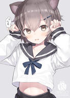 1_female 1girl animal_ear_fluff animal_ears artist_name bangs black_sailor_collar black_skirt blue_bow blush bow brown_eyes brown_hair capriccio clavicle collarbone commentary_request ears eyebrows_visible_through_hair female fingernails grey_background hair_between_eyes hair_ornament hairclip hands_up long_sleeves looking_at_viewer midriff original parted_lips safe sailor_collar school_uniform schoolgirl_uniform serafuku shirt simple_background skirt sleeves_past_wrists solo uniform white_shirt // 711x1000 // 172.4KB