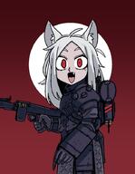 1_female 1girl cerberus_(helltaker) creator finger_on_trigger firearm formicid general glowing glowing_eyes gun helltaker jin_roh lolibooru.moe looking_at_viewer machine_gun mg42 namesake parody point_of_view protect-gear red_eyes safe solo weapon white_hair // 700x900 // 32.0KB