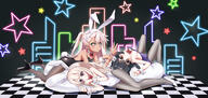 3_females animal_ears animal_tail black_background black_footwear black_hair black_leotard blonde_hair bow bowtie brown_eyes bunny_ears bunny_girl bunny_suit bunny_tail checkered checkered_floor chloe_von_einzbern cushion danbooru dark_skin detached_collar ears explicit fate fatekaleid fatekaleid_liner_prisma_illya female flat_chest footwear full_body general grey_legwear heels high_heels high_resolution illyasviel_von_einzbern leotard long_hair lying miyu_edelfelt multiple_females neon_lights on_side on_stomach one_side_up orange_eyes pantyhose pillow pink_hair purple_leotard rabbit_ears red_eyes red_neckwear retumihari safe safebooru short_hair simple_background strapless strapless_leotard tail white_footwear white_leotard wrist_cuffs // 2000x944 // 812.2KB