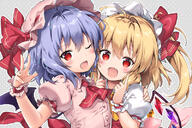 2girls ahoge arm_up bat_wings blonde_hair blouse blue_hair cravat d explicit eyebrows_visible_through_hair fangs female finger_to_cheek flandre_scarlet grey_background hair_between_eyes hair_tie hand_on_another's_arm hat hat_ribbon headwear hug index_finger_raised lolibooru.moe looking_at_viewer milklove mob_cap multiple_females one_eye_closed open_hand open_mouth pink_blouse pixiv_68532396 point_of_view polka_dot polka_dot_background ponytail puffy_short_sleeves puffy_sleeves red_eyes red_neckwear red_vest remilia_scarlet ribbon riichu safe short_hair short_sleeves siblings side_ponytail simple_background sisters smile tied_hair touhou upper_body vest wings wrist_cuffs yellow_neckwear ぎゅっとしてレミフラ！ りいちゅ りいちゅ@_3日目a-77a りいちゅ@しの唄連載中 スカーレット姉妹 レミフラ // 800x534 // 566.2KB