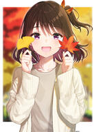* 1_female absurd_resolution arjent arjent_p artist_name autumn autumn_leaves bangs blurry blurry_background blush brown_hair cardigan collarbone d depth_of_field eyebrows_visible_through_hair female ginkgo_leaf grey_shirt hair_ribbon high_resolution holding holding_leaf jen leaf long_sleeves looking_at_viewer maple_leaf multicolored_hair one_side_up open_cardigan open_clothes open_mouth original original_character outside outside_border point_of_view purple_eyes purple_hair red_ribbon ribbon round_teeth safe shirt short_hair smile solo teeth two_tone_hair upper_body upper_teeth white_cardigan 銀杏 // 2534x3474 // 4.3MB