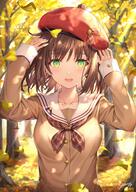 1_female 2d anime anime_girls arms_up artwork autumn autumn_leaves bangs beret blurry blush brown_hair brown_neckwear brown_shirt buttons collarbone d danbooru dappled_sunlight day depth_of_field digital_media explicit eyebrows_visible_through_hair female ginkgo_leaf green_eyes happy hat headwear high_resolution leaf light_rays long_sleeves looking_at_viewer medium_breasts medium_hair neckerchief open_mouth original original_character outside pixiv_77253894 plaid_neckwear point_of_view portrait_display red_headwear rin_yuu round_teeth safe sailor_collar sailor_uniform sankaku_channel school_uniform schoolgirl_uniform shirt short_hair signature smile solo sunbeam sunlight teeth tree uniform upper_body vertical white_sailor_collar イチョウ ベレー帽 リン☆ユウ＠1日目_西れ44b 木漏れ日 秋 // 928x1310 // 1.5MB